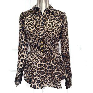 Leopard Print Top Womens Medium Wide Elastic Waist‎ Goldtone Buttons Mob Wife